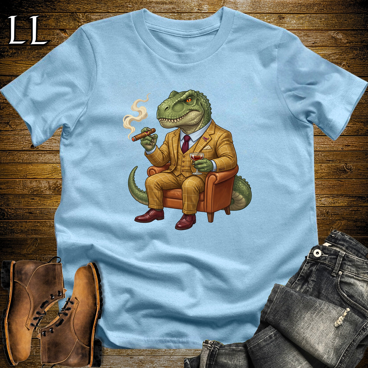 Cigar Lounge Allosaurus T-Shirt Light Blue | Dinosaur Cigar Gift