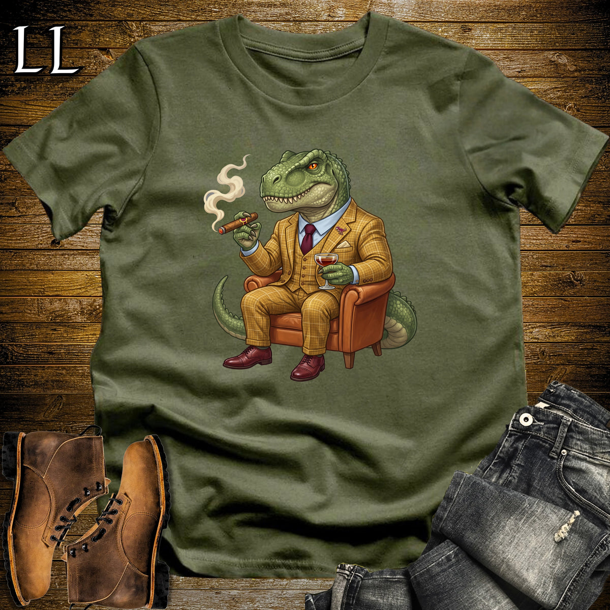 Cigar Lounge Allosaurus T-Shirt Military Green | Dinosaur Cigar Gift