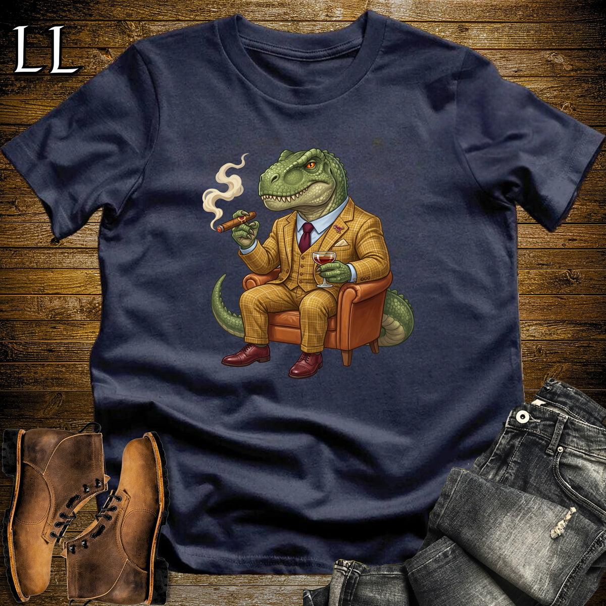 Cigar Lounge Allosaurus T-Shirt Navy | Dinosaur Cigar Gift