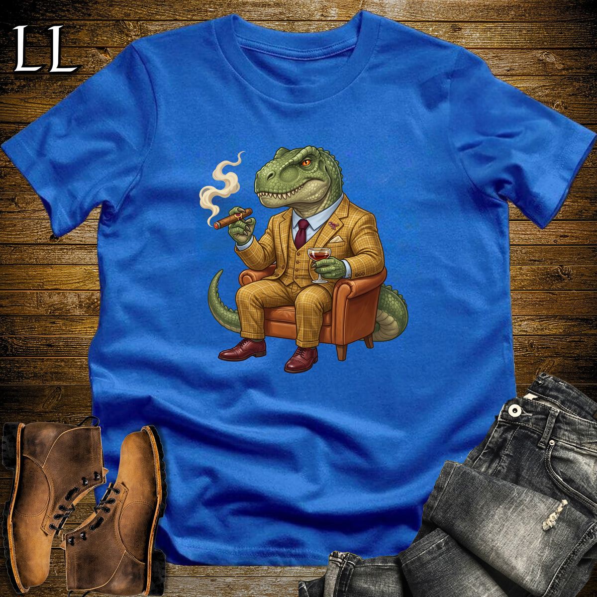 Cigar Lounge Allosaurus T-Shirt Royal Blue | Dinosaur Cigar Gift