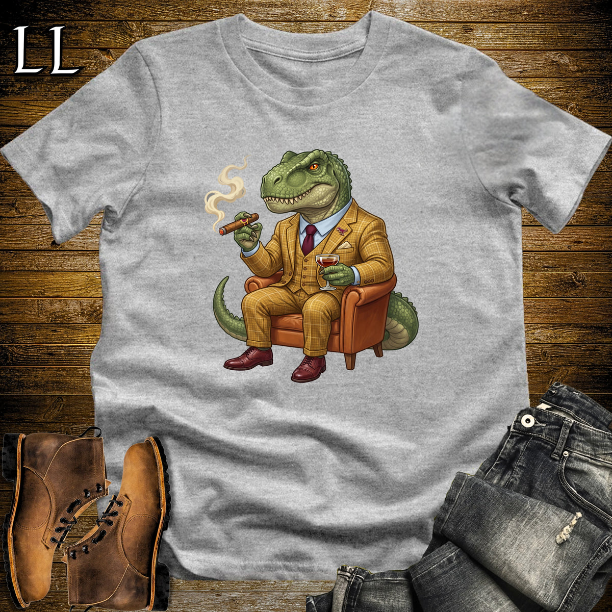 Cigar Lounge Allosaurus T-Shirt Sport Grey | Dinosaur Cigar Gift