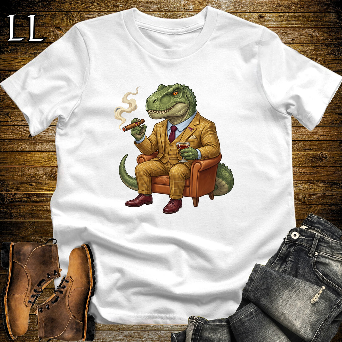 Cigar Lounge Allosaurus T-Shirt White | Dinosaur Cigar Gift