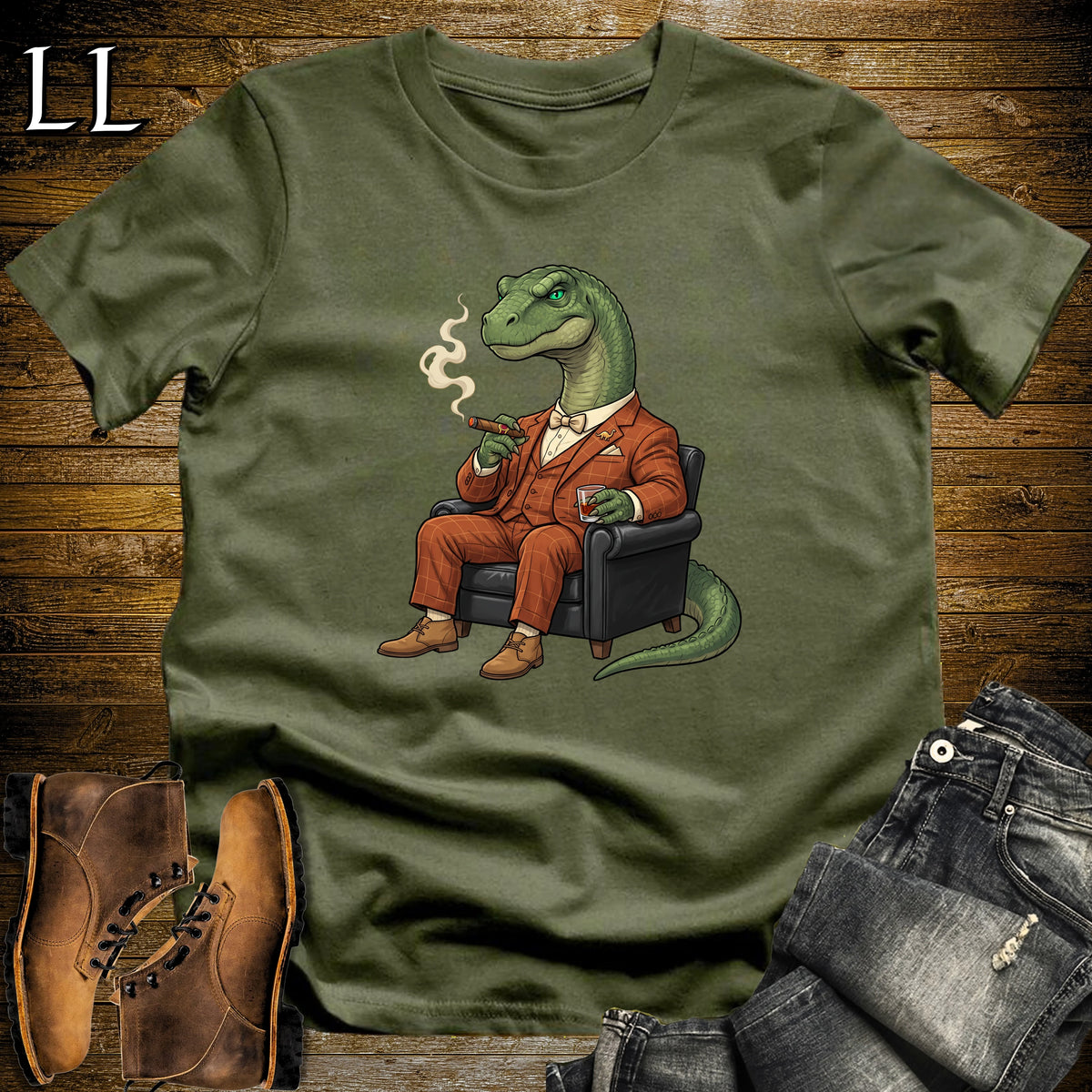 Cigar Lounge Apatosaurus T-Shirt Military Green | Dinosaur Cigar Gift