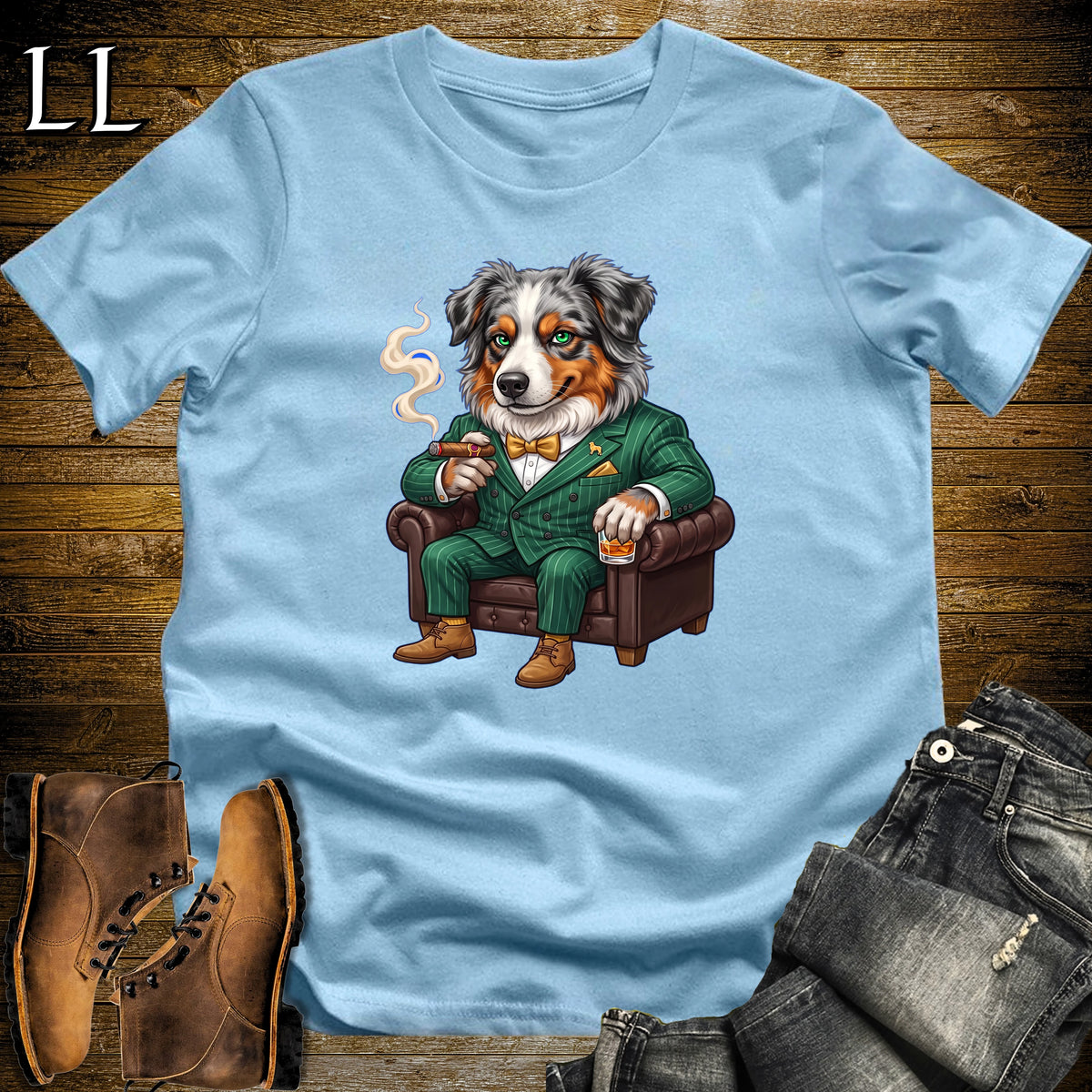 Cigar Lounge Australian Shepherd T-Shirt Light Blue | Dog Cigar Gift
