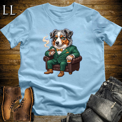 Cigar Lounge Australian Shepherd T-Shirt Light Blue | Dog Cigar Gift