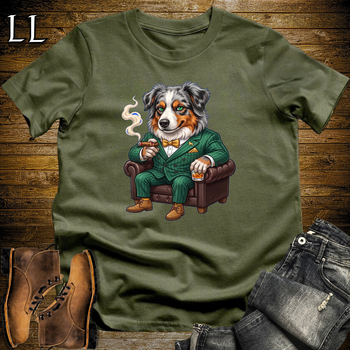 Cigar Lounge Australian Shepherd T-Shirt Military Green | Dog Cigar Gift