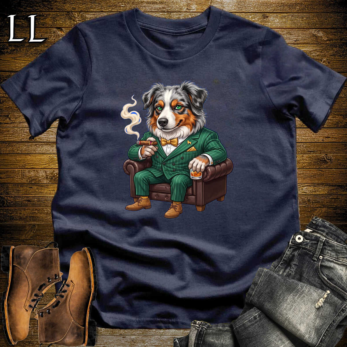 Cigar Lounge Australian Shepherd T-Shirt Navy | Dog Cigar Gift