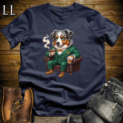 Cigar Lounge Australian Shepherd T-Shirt Navy | Dog Cigar Gift