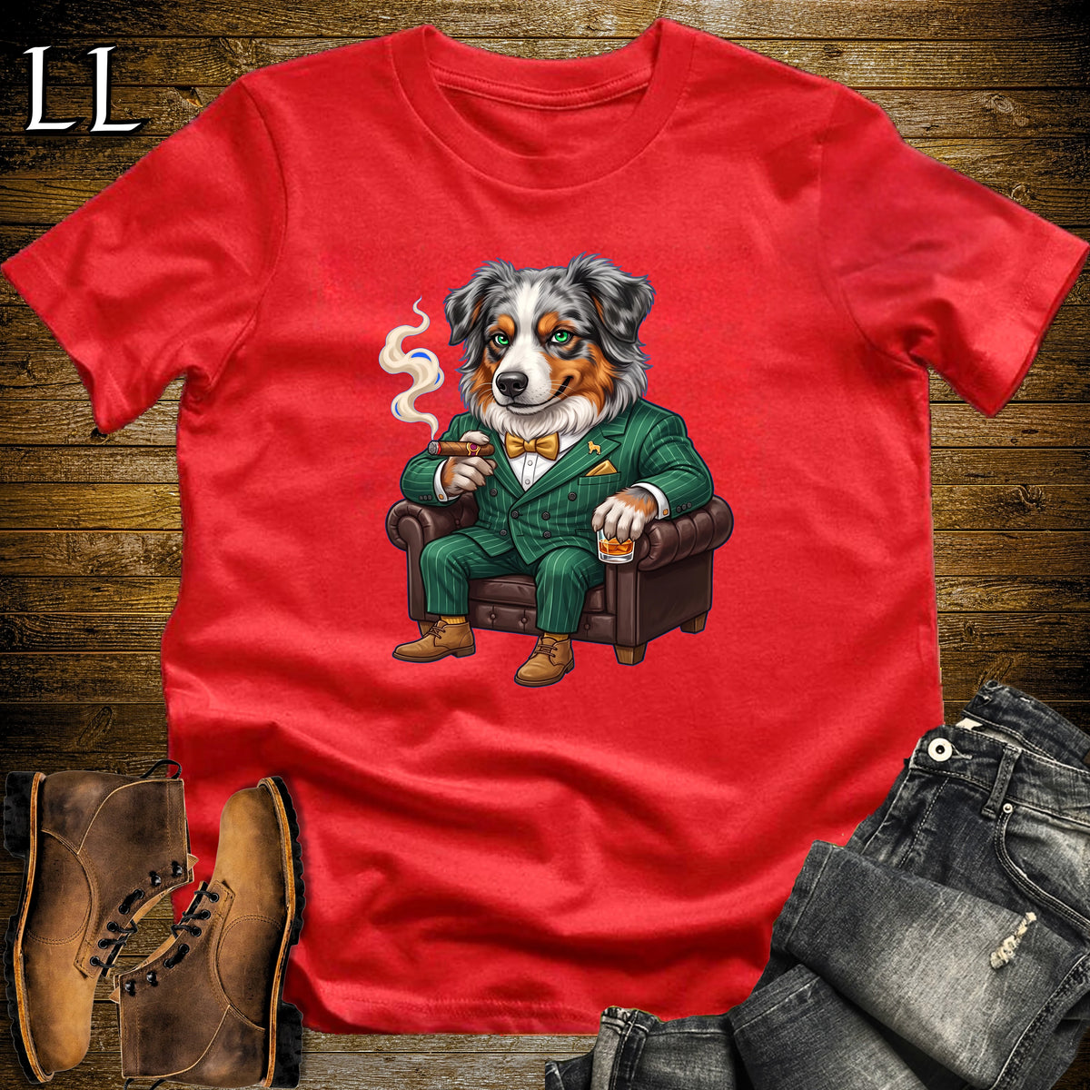 Cigar Lounge Australian Shepherd T-Shirt Red | Dog Cigar Gift