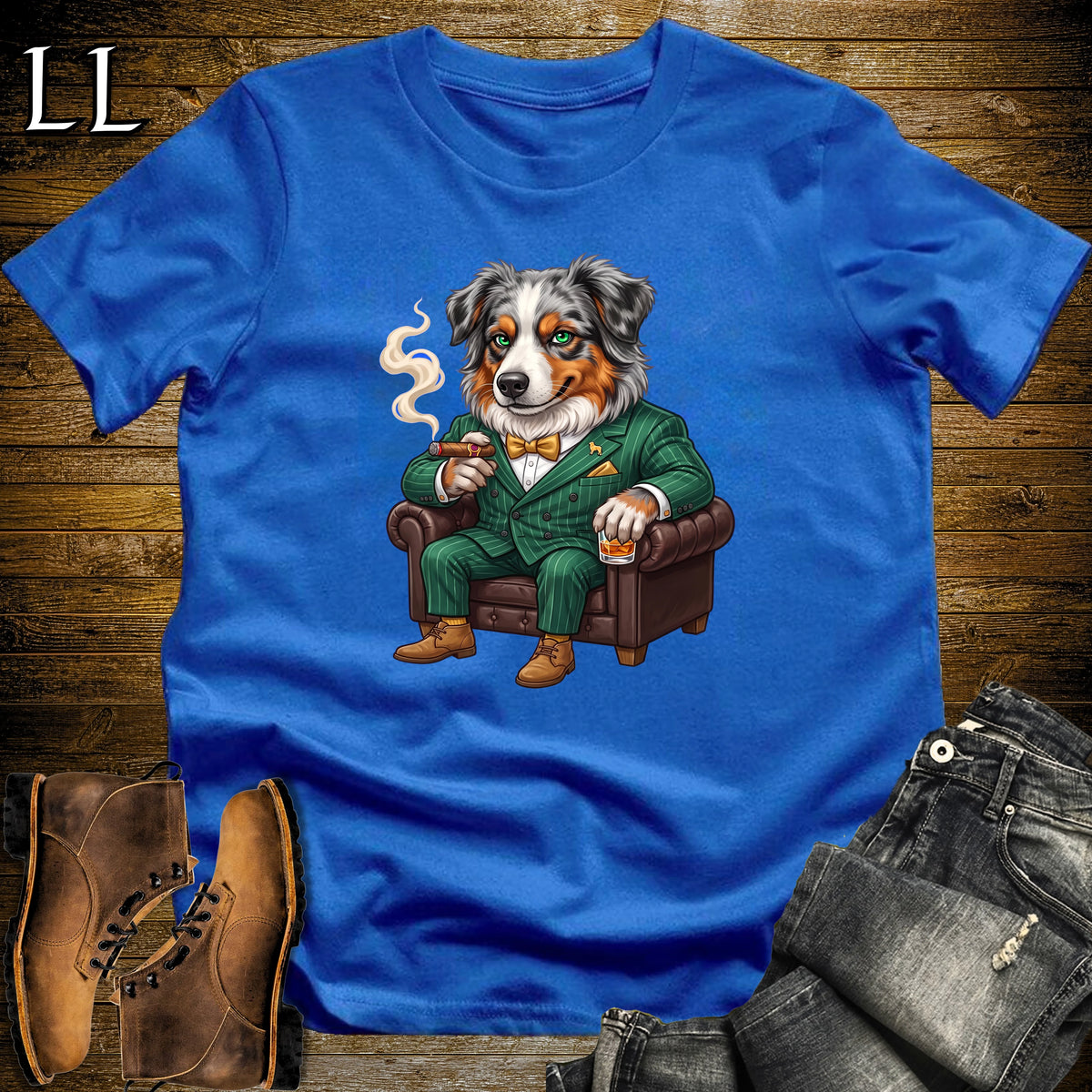 Cigar Lounge Australian Shepherd T-Shirt Royal Blue | Dog Cigar Gift