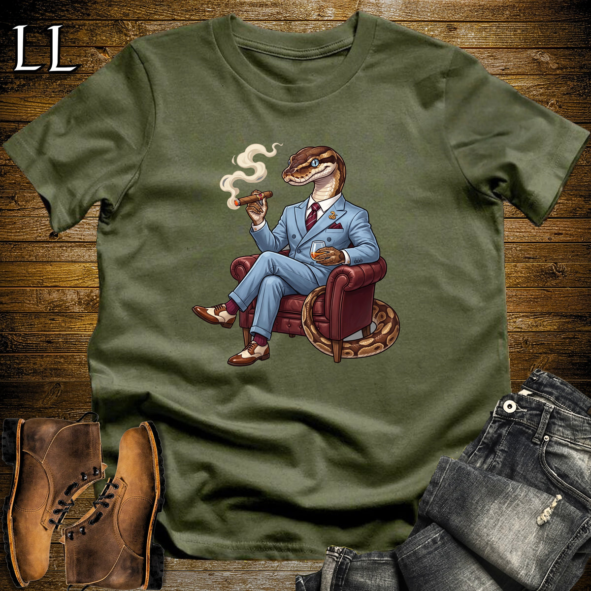 Cigar Lounge Ball Python T-Shirt Military Green | Reptile Cigar Gift