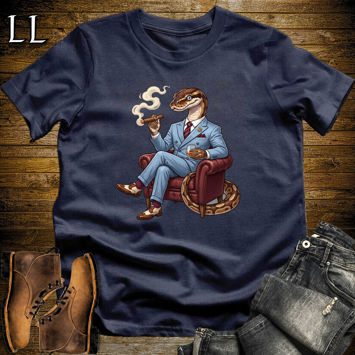 Cigar Lounge Ball Python T-Shirt Navy | Reptile Cigar Gift