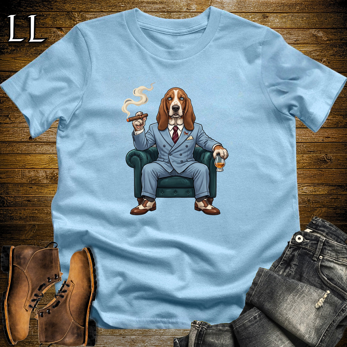 Cigar Lounge Basset Hound T-Shirt Light Blue | Dog Cigar Gift
