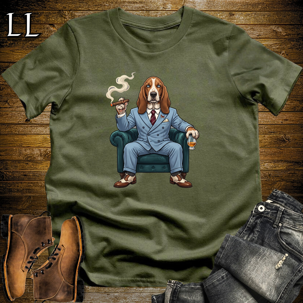 Cigar Lounge Basset Hound T-Shirt Military Green | Dog Cigar Gift
