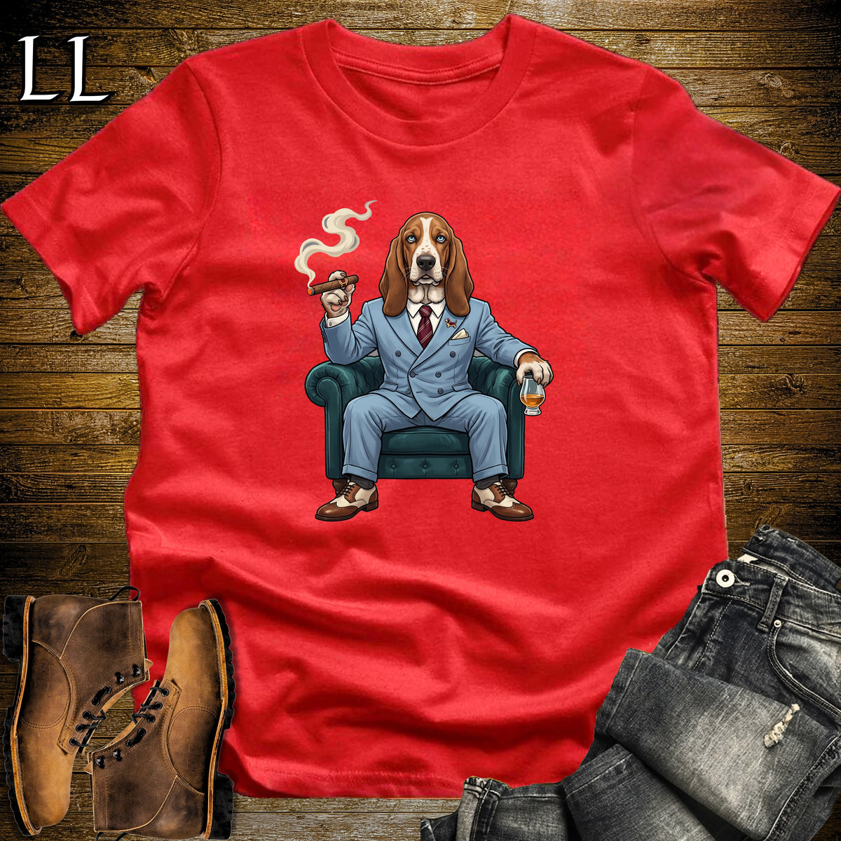 Cigar Lounge Basset Hound T-Shirt Red | Dog Cigar Gift