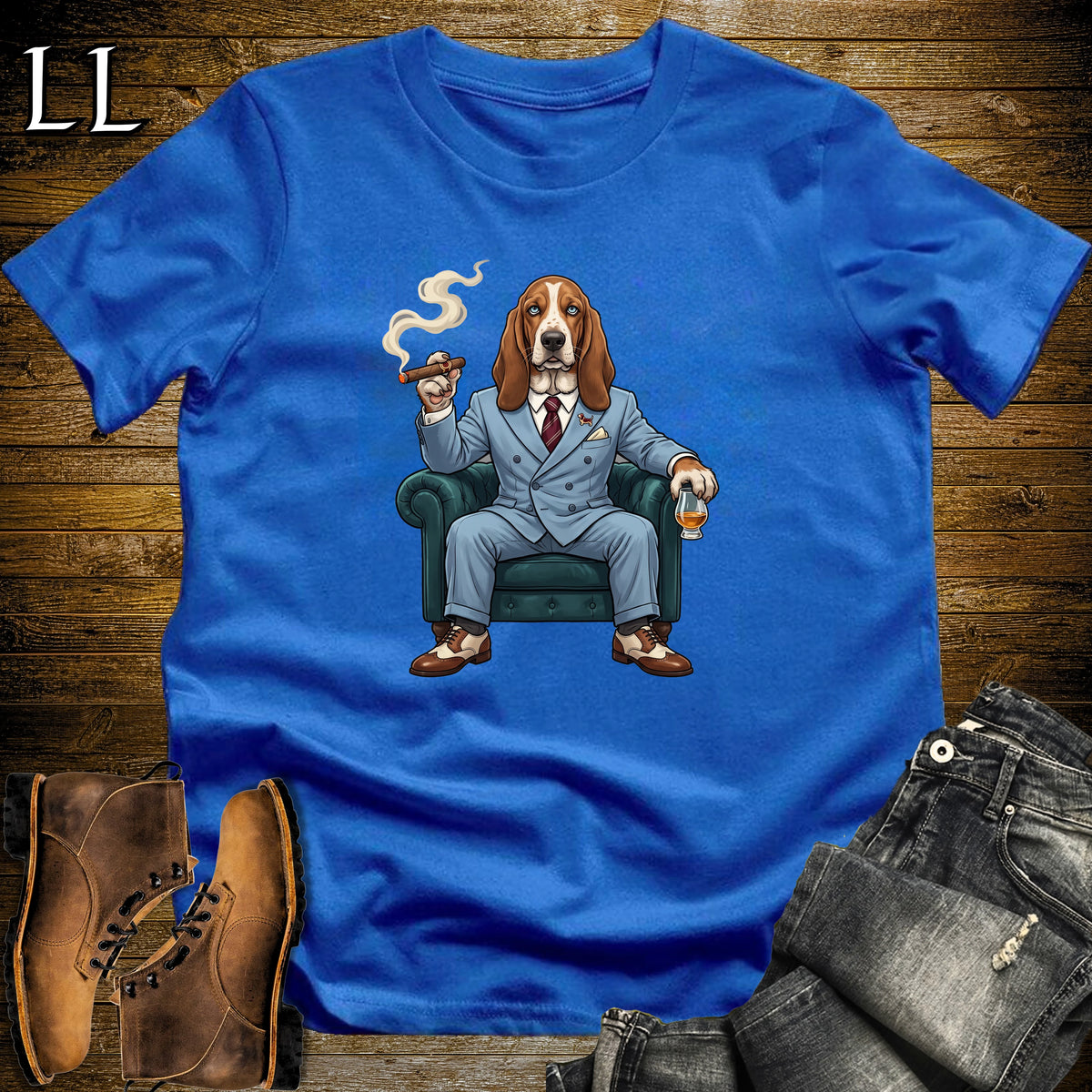 Cigar Lounge Basset Hound T-Shirt Royal Blue | Dog Cigar Gift