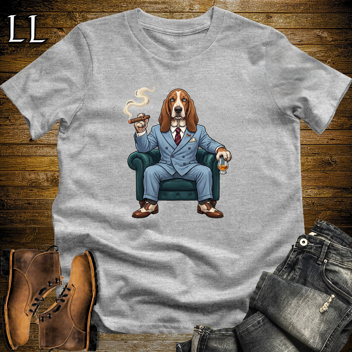 Cigar Lounge Basset Hound T-Shirt Sport Grey | Dog Cigar Gift