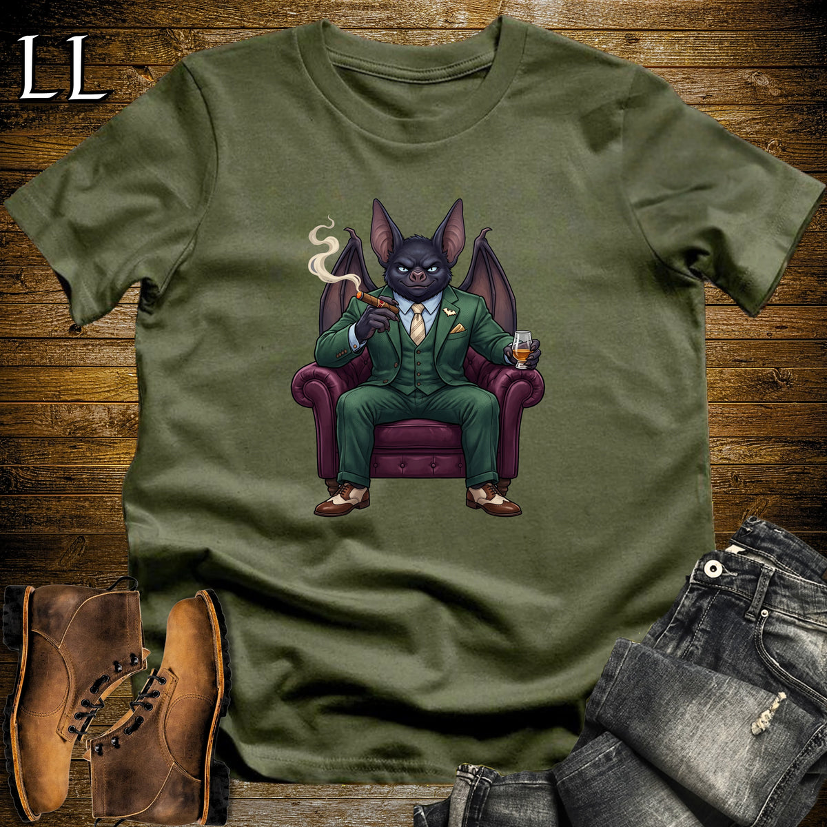 Cigar Lounge Bat T-Shirt Military Green | Animal Cigar Gift