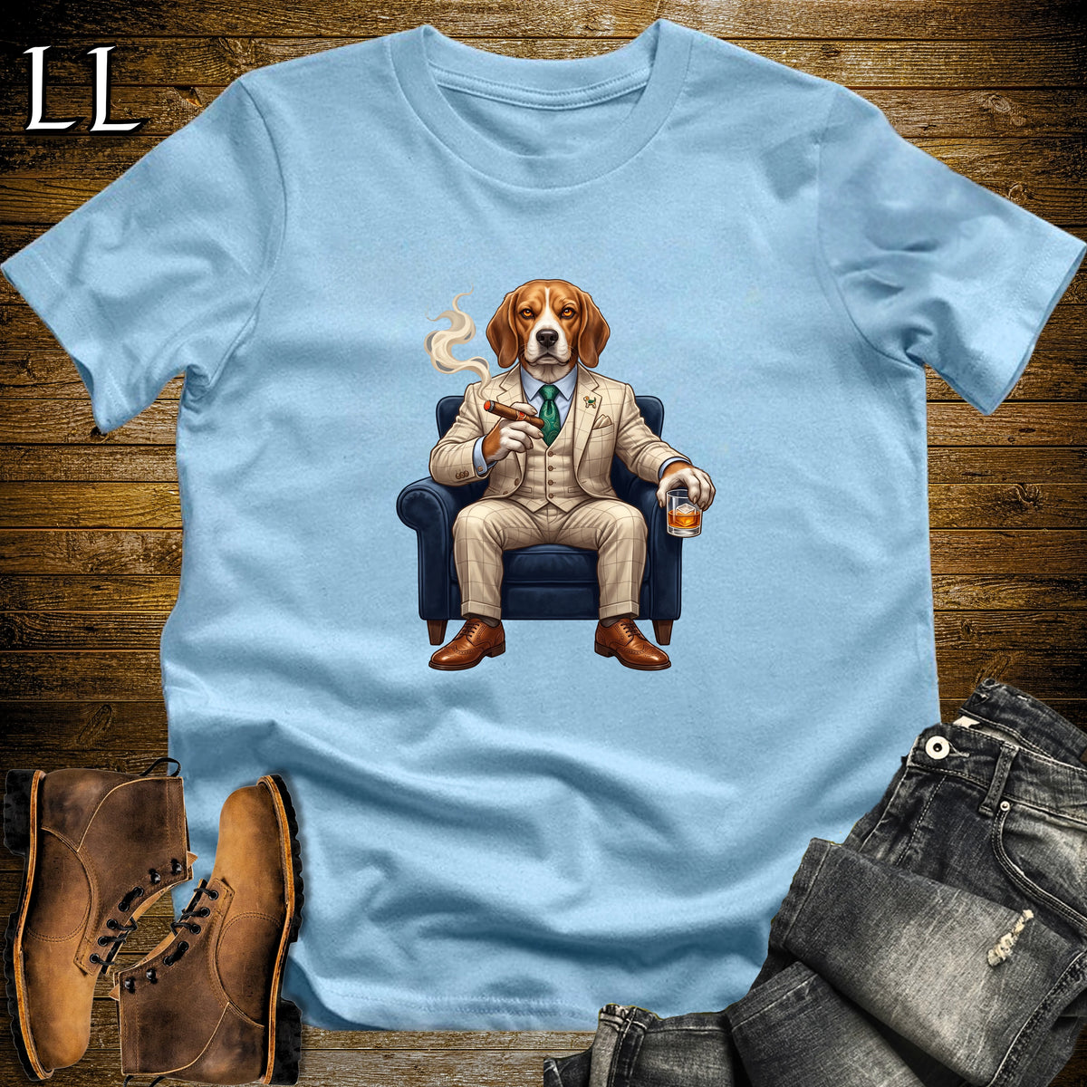 Cigar Lounge Beagle T-Shirt Light Blue | Dog Lover Cigar Gift