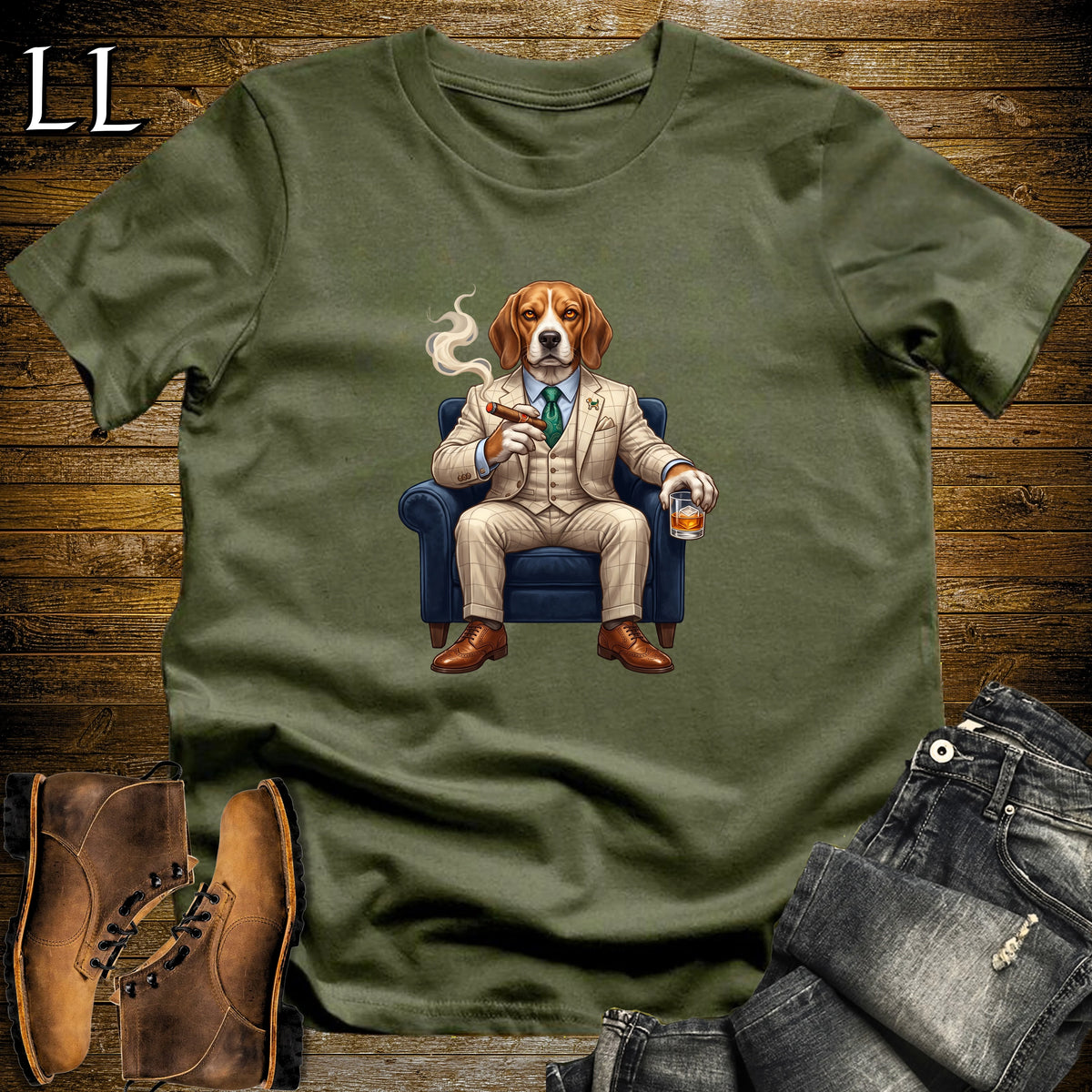Cigar Lounge Beagle T-Shirt Military Green | Dog Lover Cigar Gift
