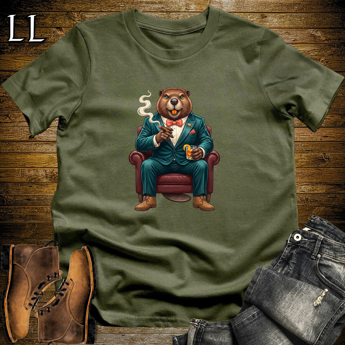 Cigar Lounge Beaver T-Shirt Military Green | Animal Cigar Gift