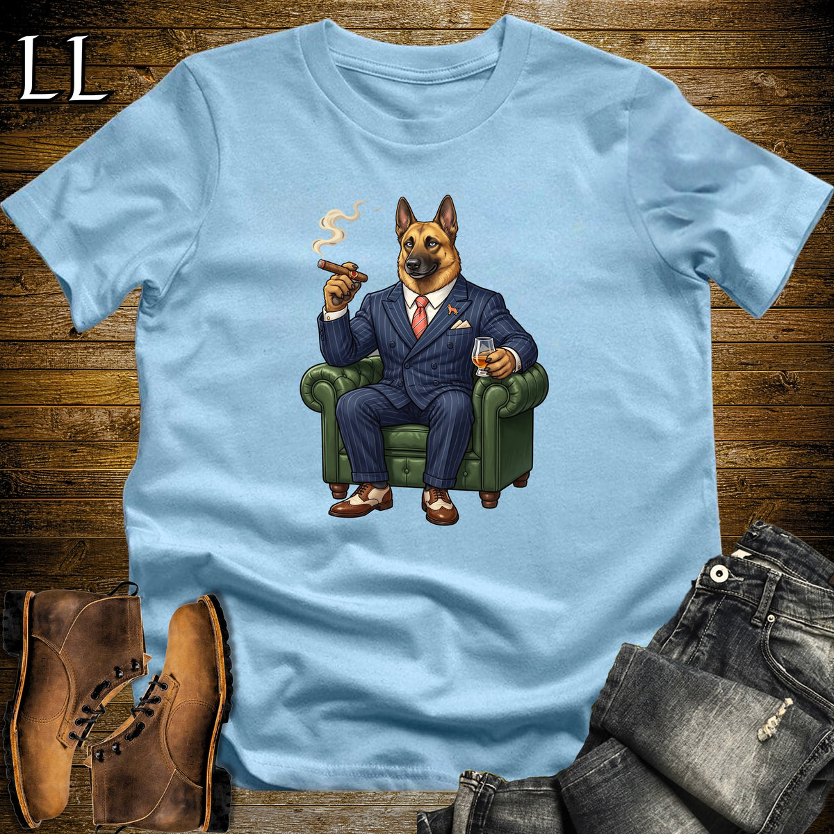 Cigar Lounge Belgian Malinois T-Shirt Light Blue | Dog Cigar Gift