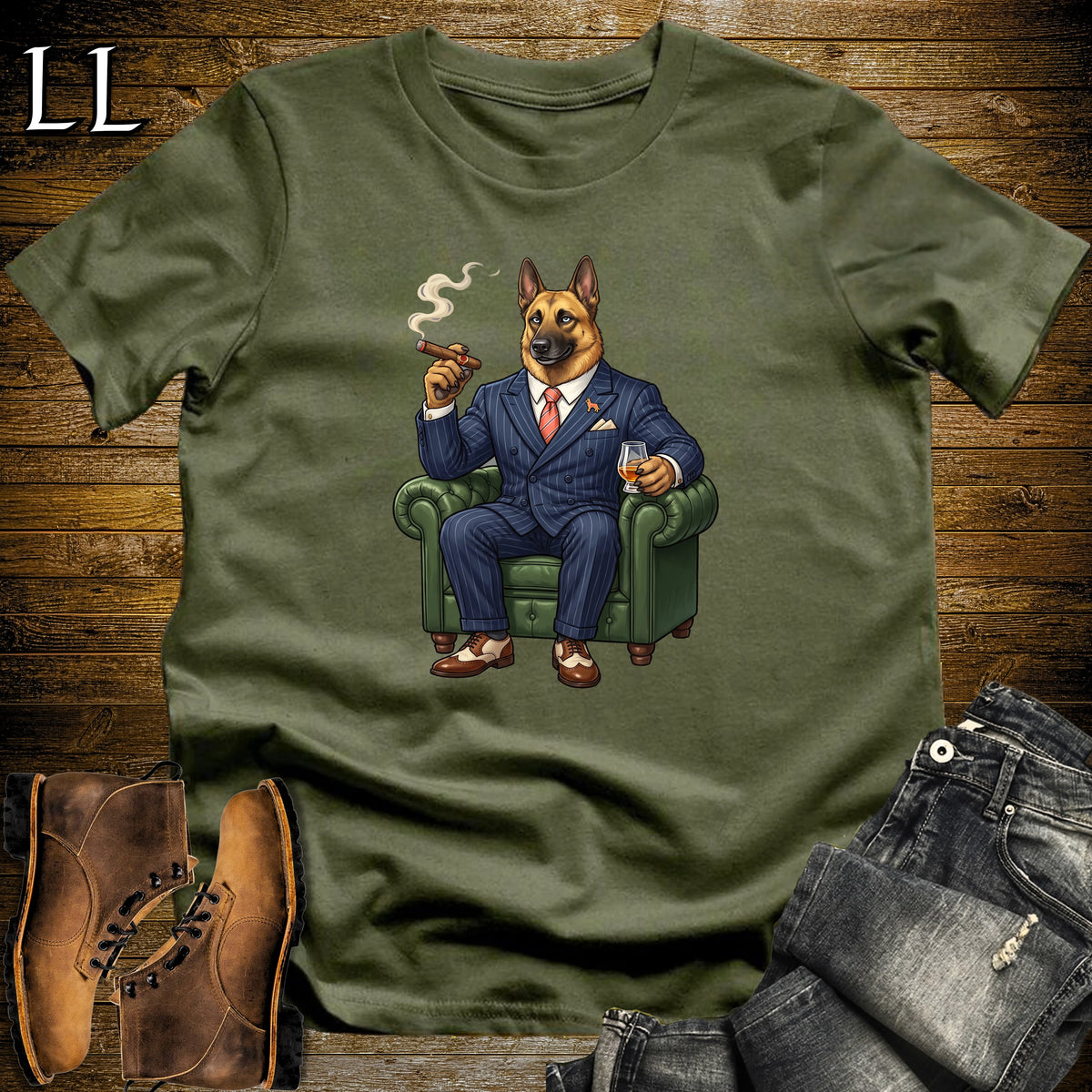 Cigar Lounge Belgian Malinois T-Shirt Military Green | Dog Cigar Gift