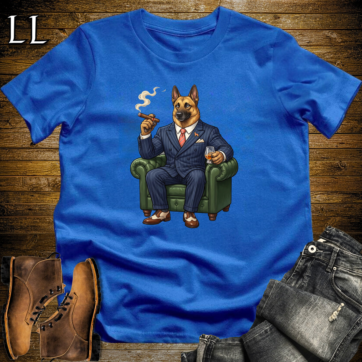 Cigar Lounge Belgian Malinois T-Shirt Royal Blue | Dog Cigar Gift