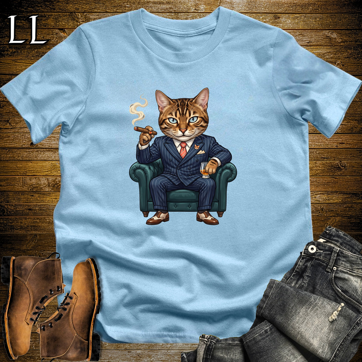 Cigar Lounge Bengal Cat T-Shirt Light Blue | Cat Lover Cigar Gift