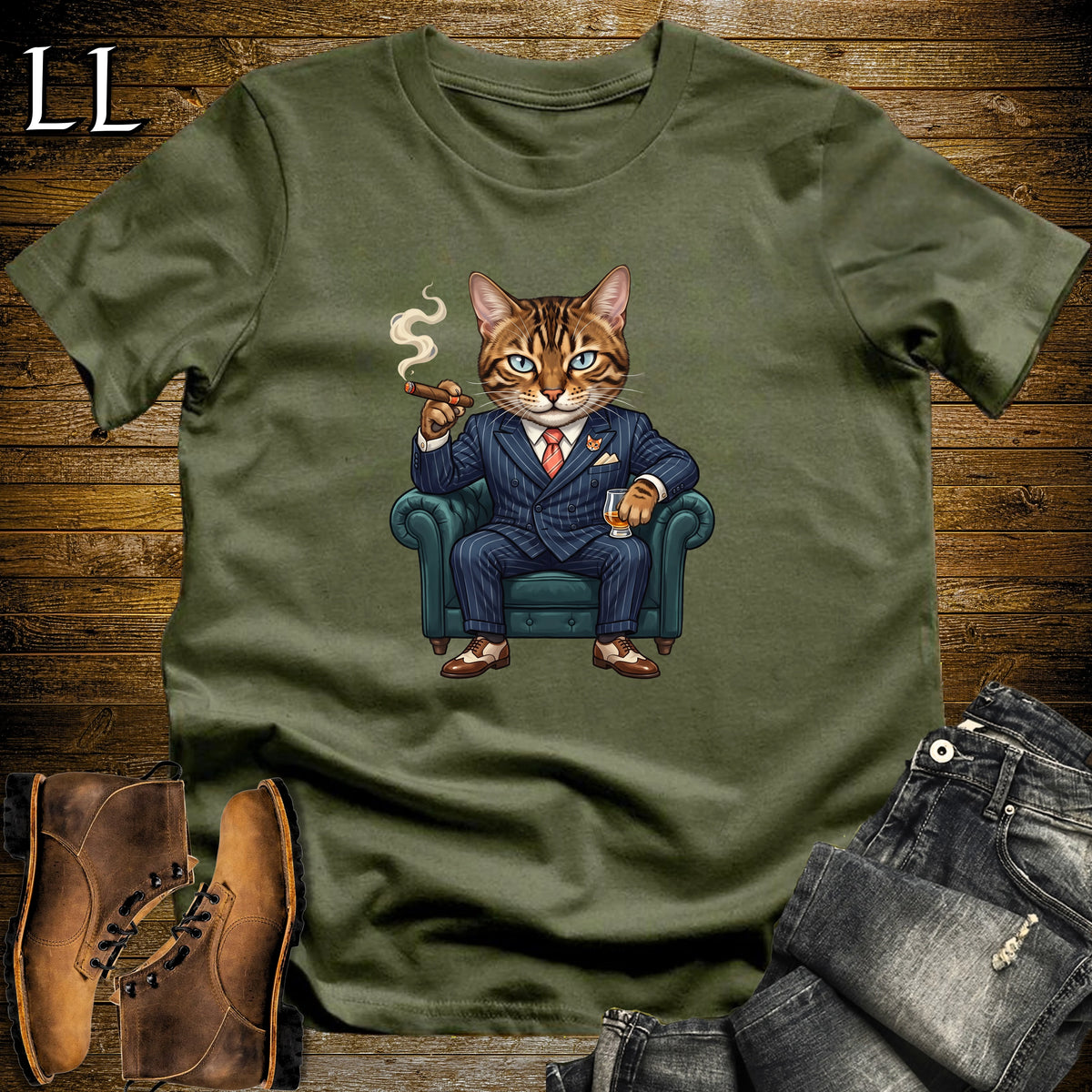 Cigar Lounge Bengal Cat T-Shirt Military Green | Cat Lover Cigar Gift