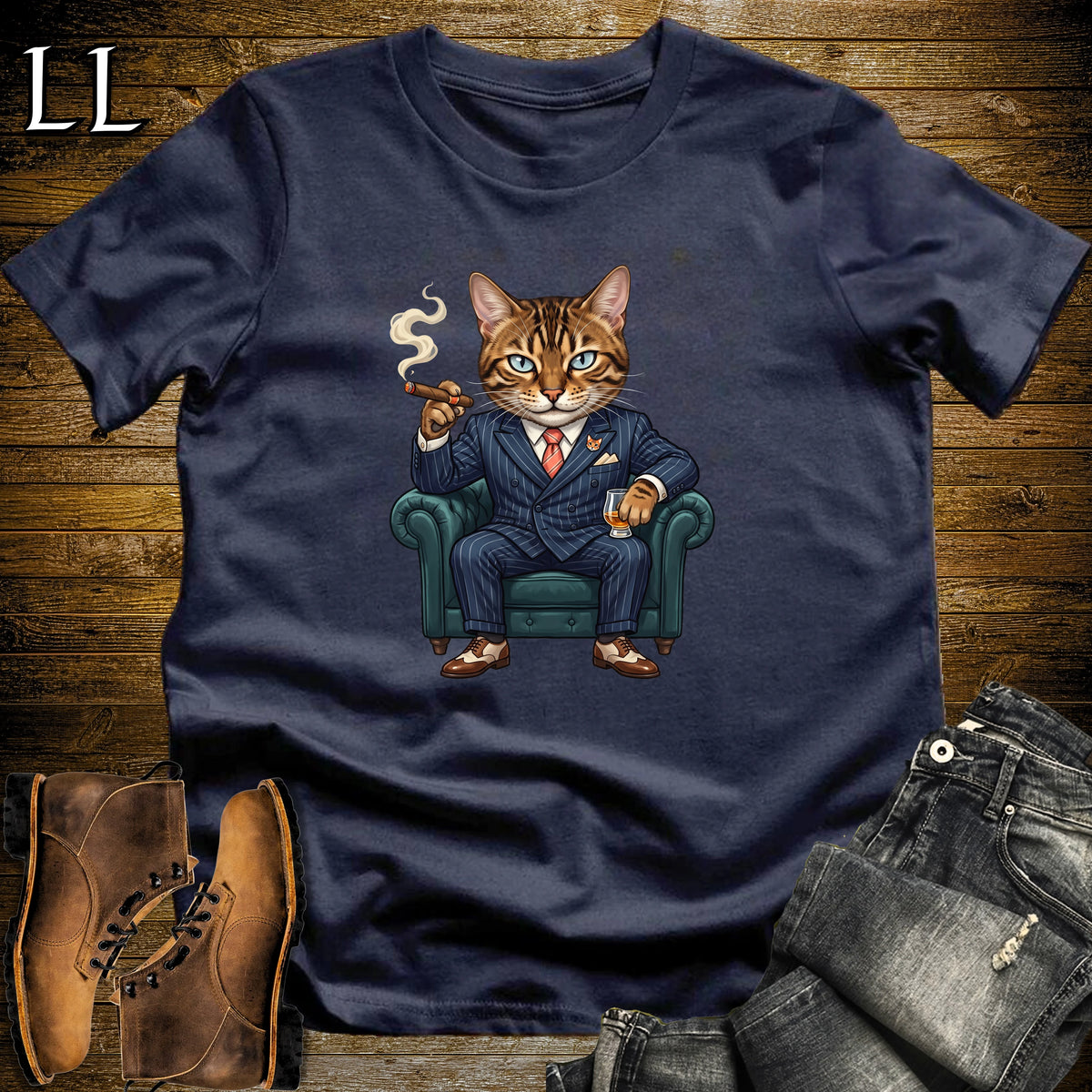 Cigar Lounge Bengal Cat T-Shirt Navy | Cat Lover Cigar Gift