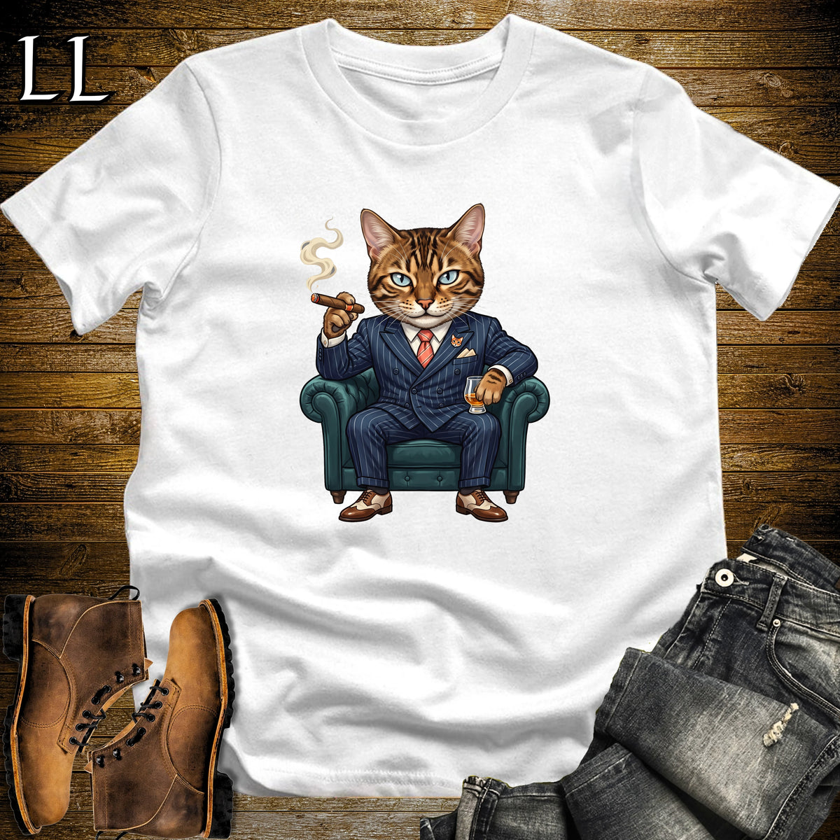 Cigar Lounge Bengal Cat T-Shirt White | Cat Lover Cigar Gift
