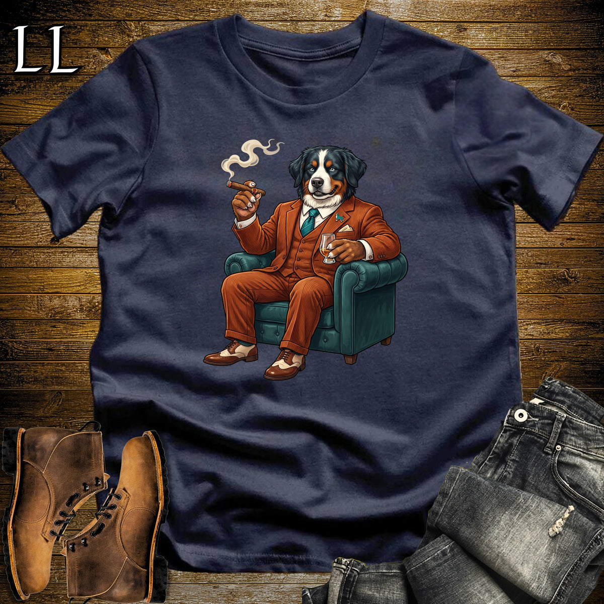 Cigar Lounge Bernese Mountain Dog T-Shirt Navy | Dog Cigar Gift