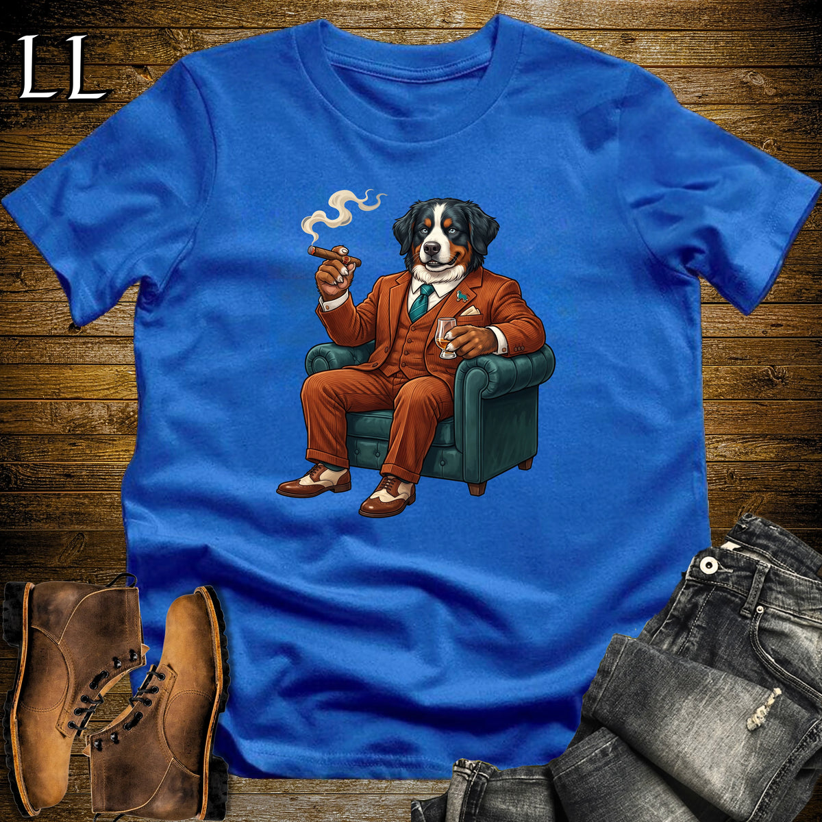 Cigar Lounge Bernese Mountain Dog T-Shirt Royal Blue | Dog Cigar Gift