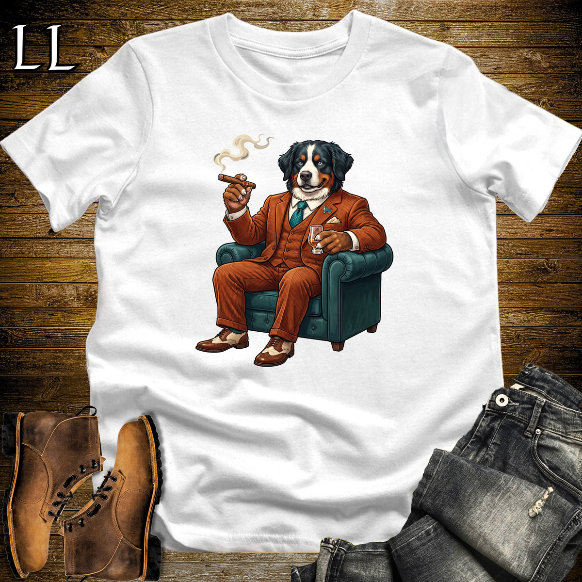 Cigar Lounge Bernese Mountain Dog T-Shirt White | Dog Cigar Gift