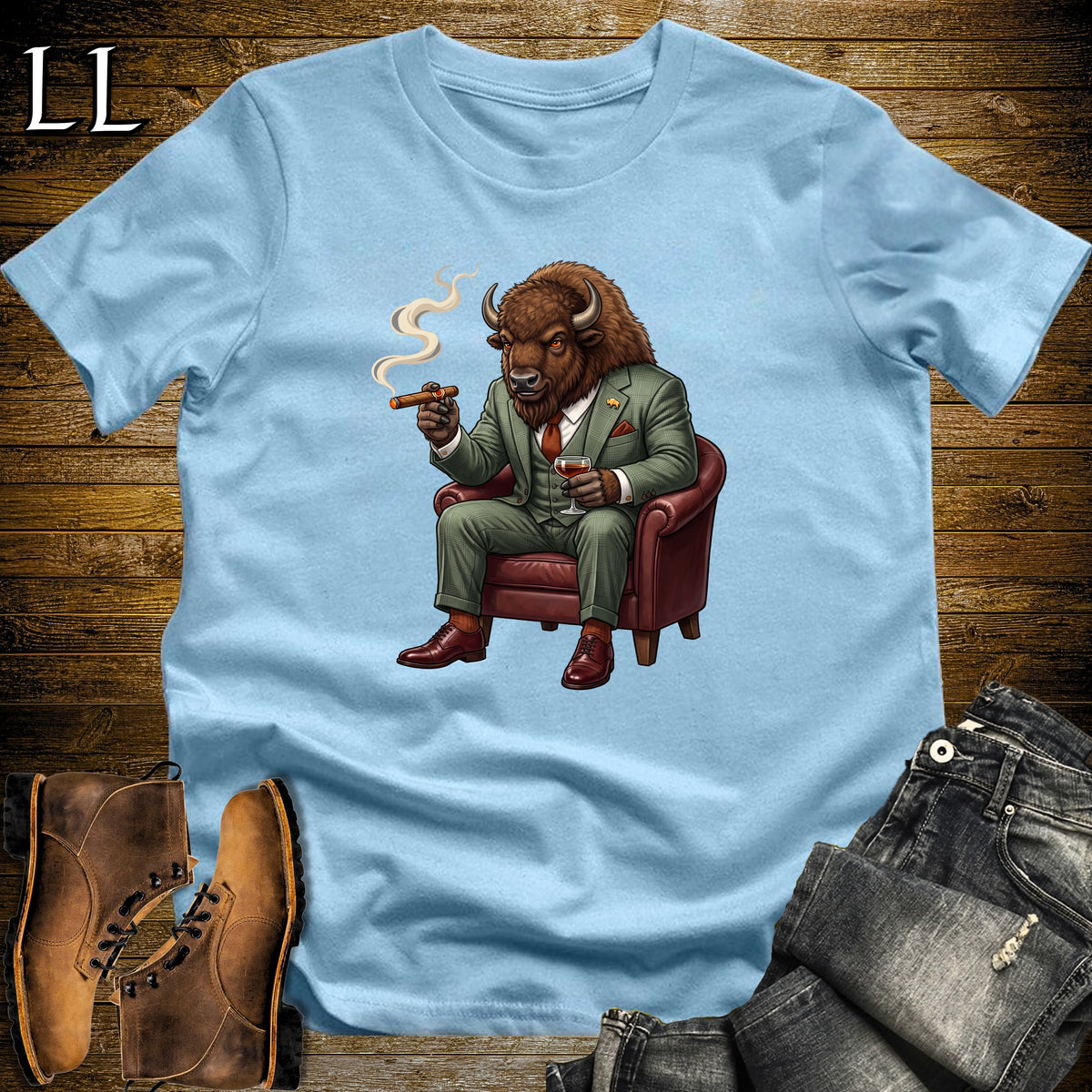 Cigar Lounge Bison T-Shirt Light Blue | Animal Cigar Gift