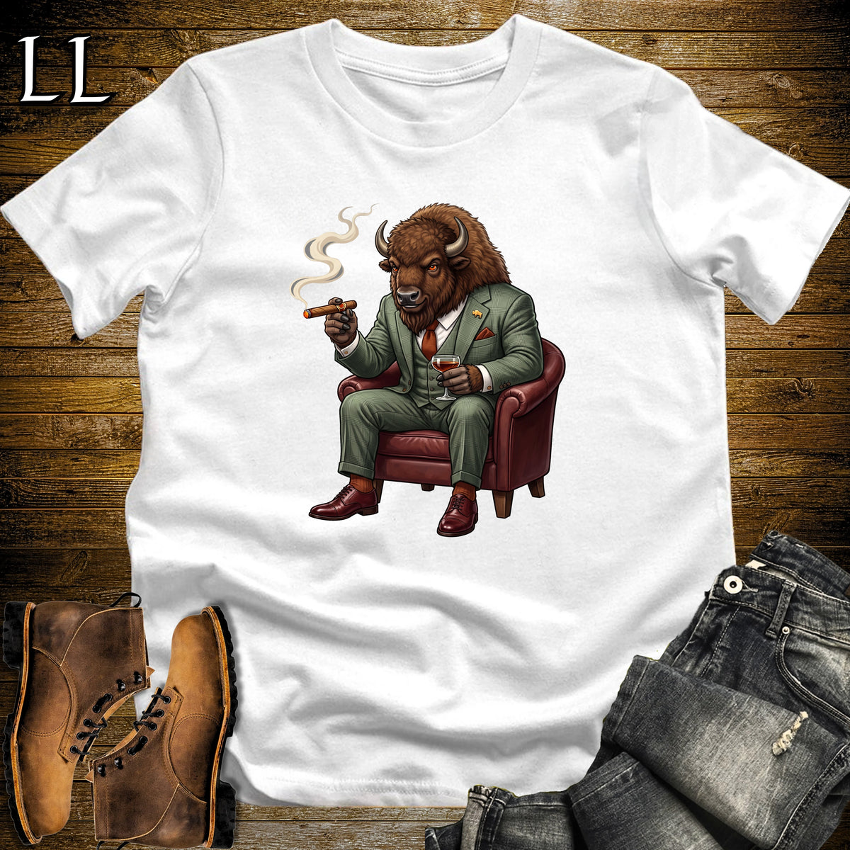 Cigar Lounge Bison T-Shirt White | Animal Cigar Gift