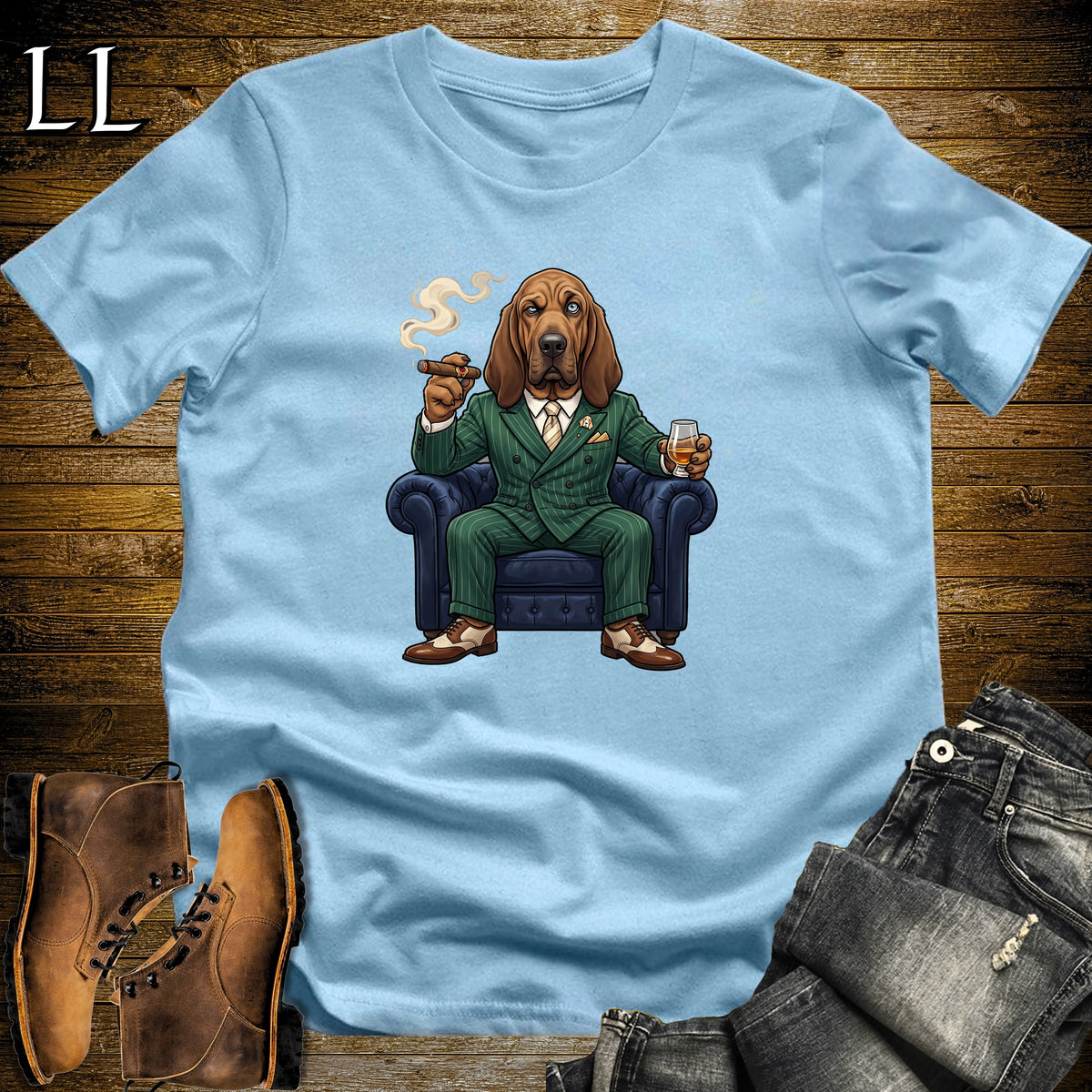 Cigar Lounge Bloodhound T-Shirt Light Blue | Dog Lover Cigar Gift