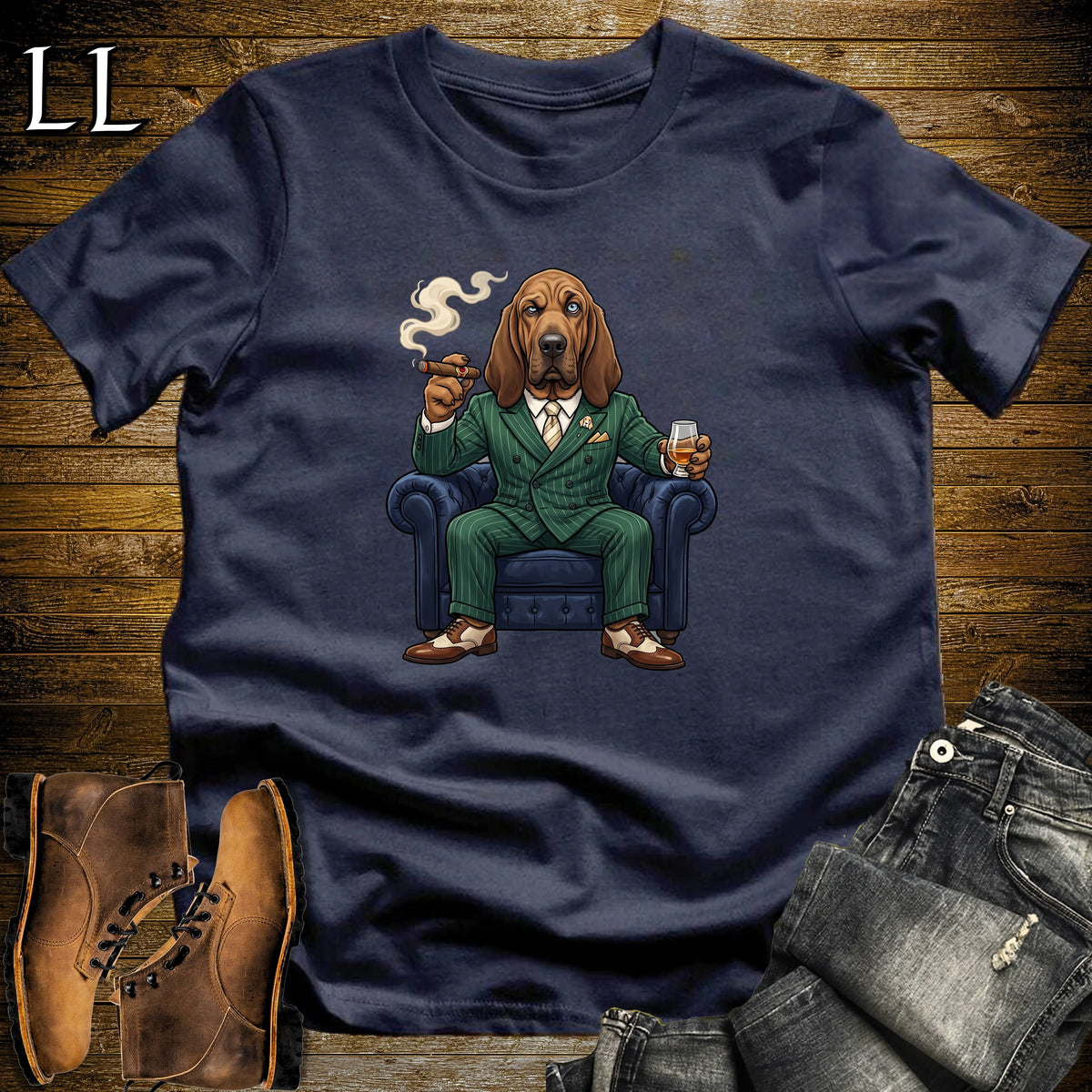 Cigar Lounge Bloodhound T-Shirt Navy | Dog Lover Cigar Gift
