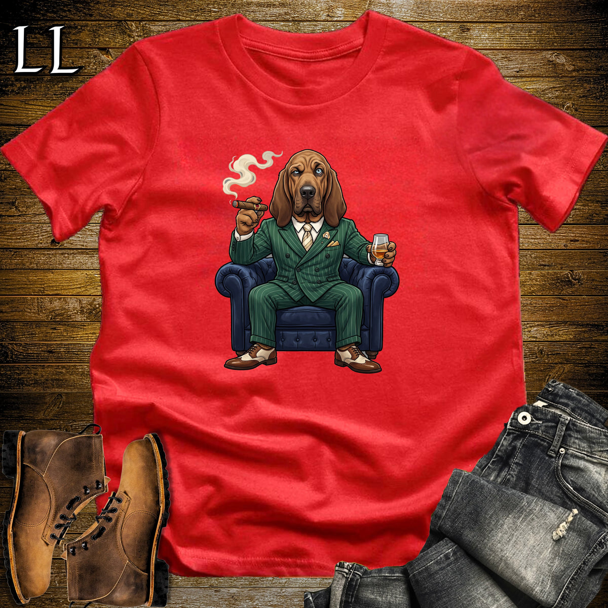 Cigar Lounge Bloodhound T-Shirt Red | Dog Lover Cigar Gift