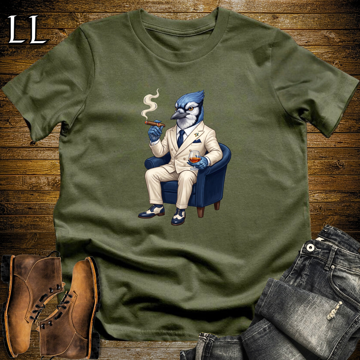 Cigar Lounge Blue Jay T-Shirt Military Green | Bird Lover Cigar Gift