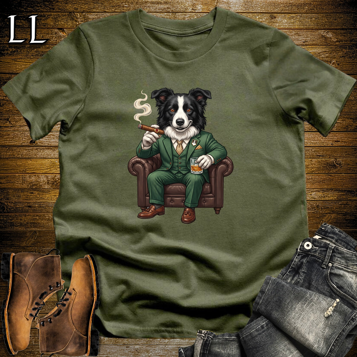 Cigar Lounge Border Collie T-Shirt Military Green | Dog Cigar Gift