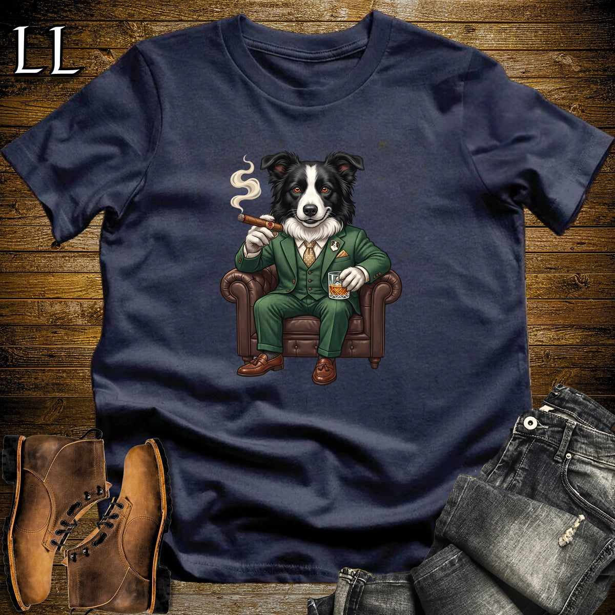 Cigar Lounge Border Collie T-Shirt Navy | Dog Cigar Gift
