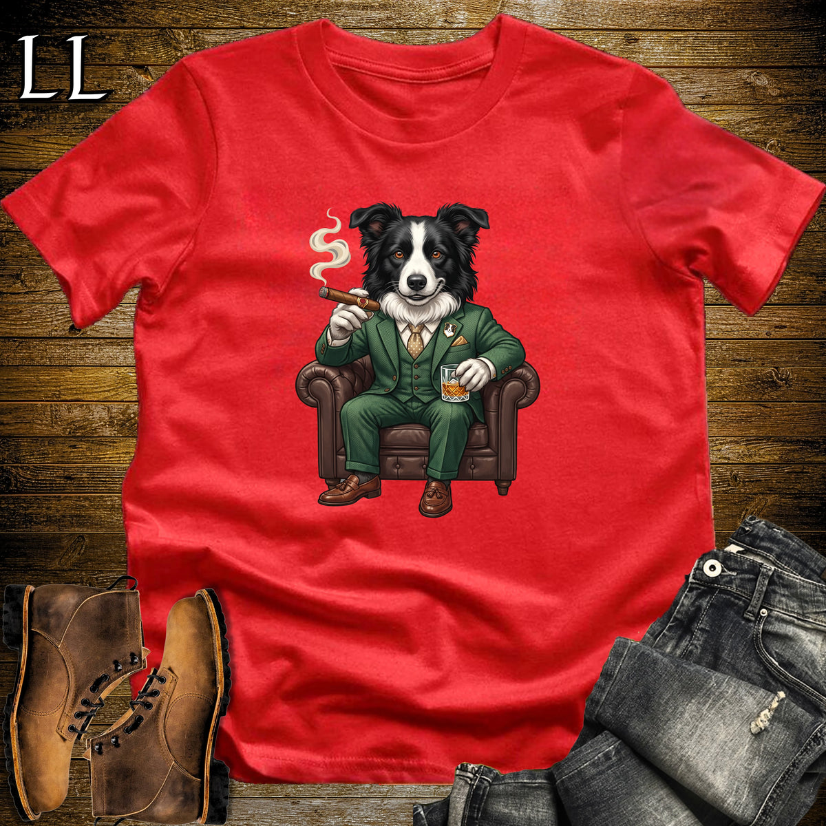 Cigar Lounge Border Collie T-Shirt Red | Dog Cigar Gift