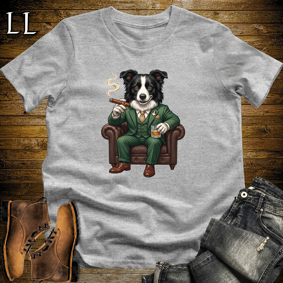 Cigar Lounge Border Collie T-Shirt Sport Grey | Dog Cigar Gift