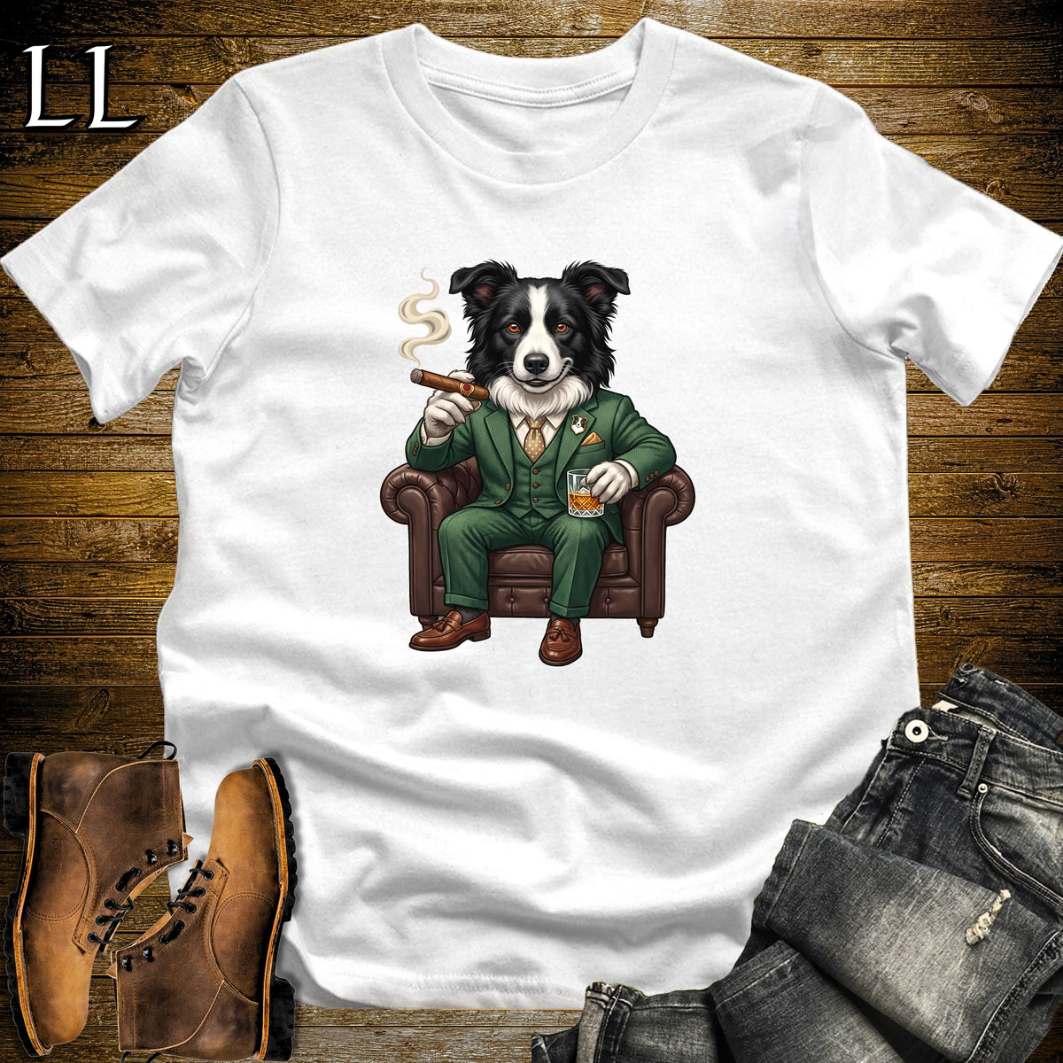 Cigar Lounge Border Collie T-Shirt White | Dog Cigar Gift
