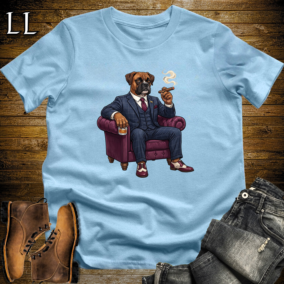 Cigar Lounge Boxer Dog T-Shirt Light Blue | Dog Lover Cigar Gift