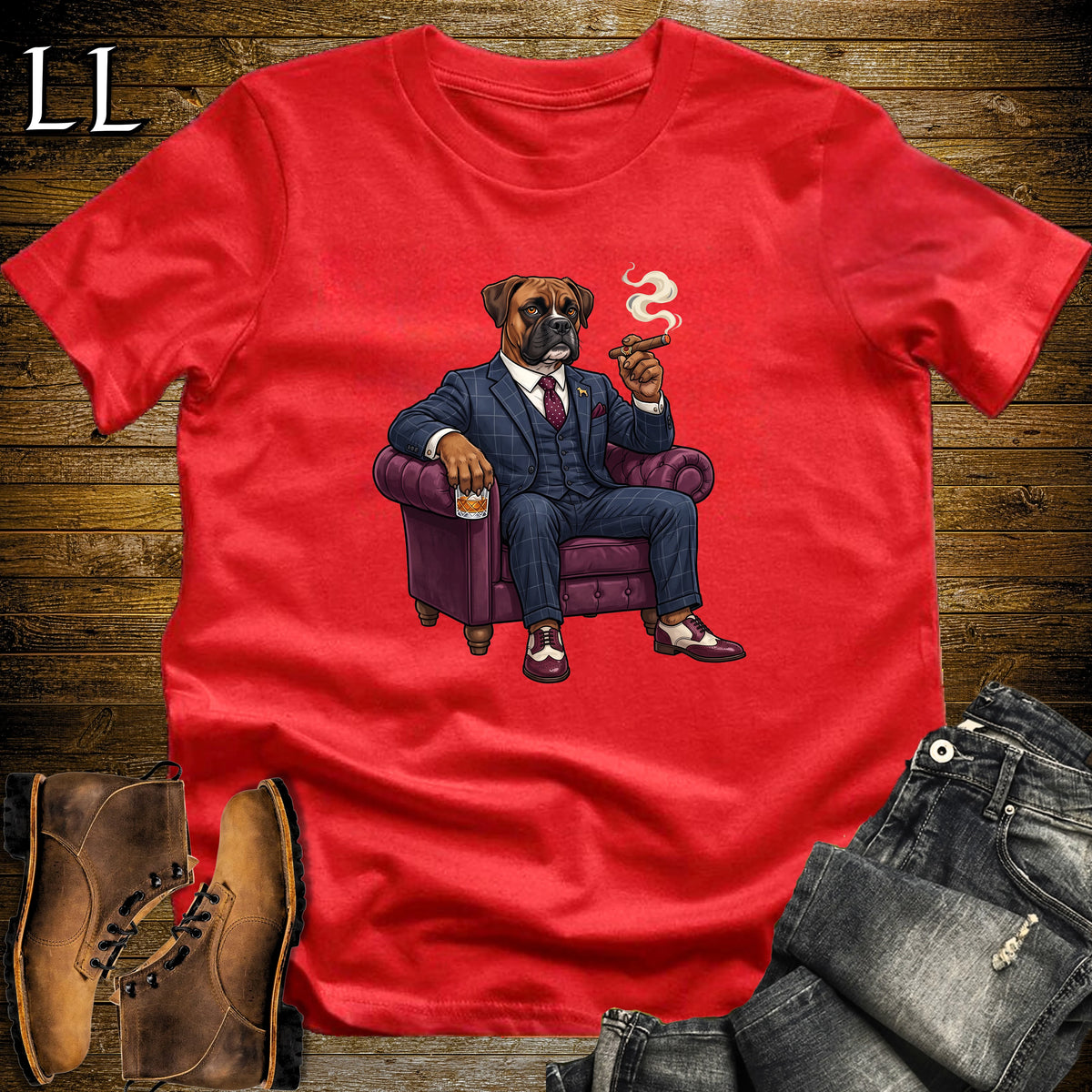 Cigar Lounge Boxer Dog T-Shirt Red | Dog Lover Cigar Gift