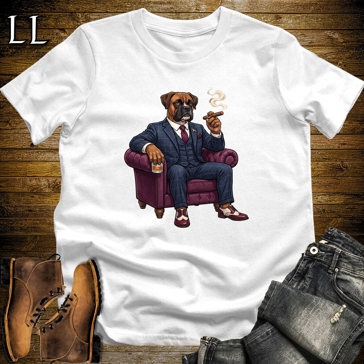 Cigar Lounge Boxer Dog T-Shirt White | Dog Lover Cigar Gift