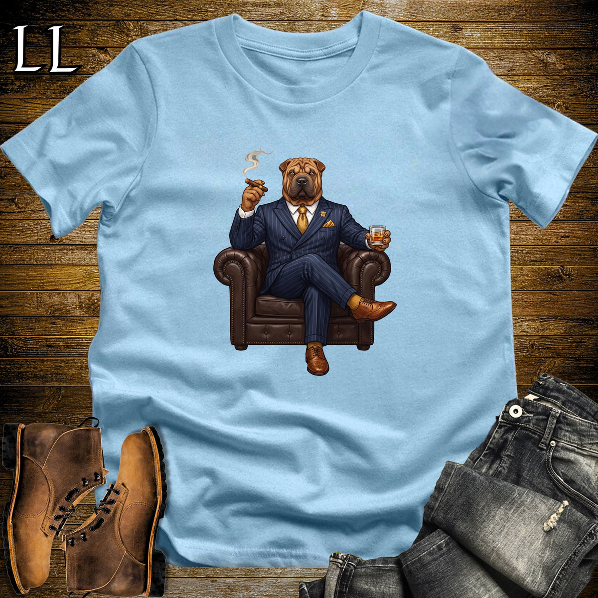 Cigar Lounge Chinese Shar Pei T-Shirt Light Blue | Dog Cigar Gift